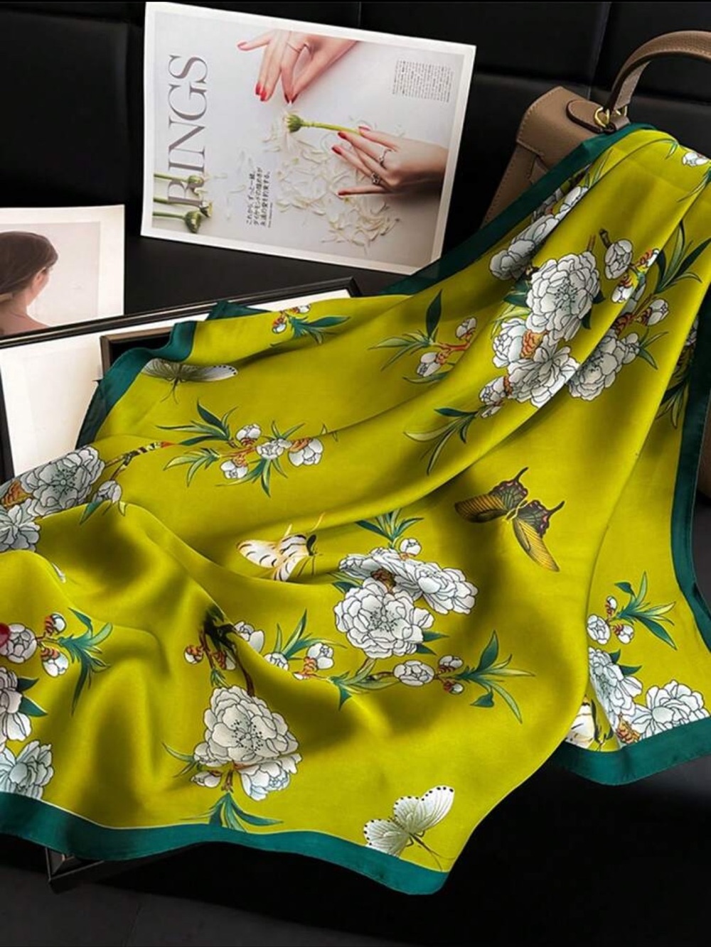 Olive Green Floral Satin Feel Scarf nwt